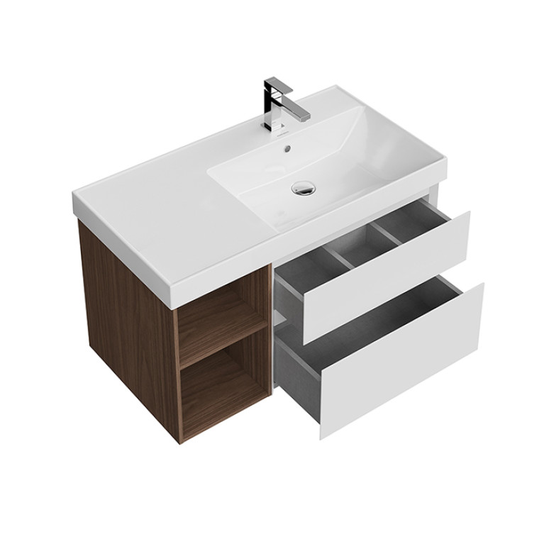 Kerama Marazzi Тумба CUBO правая подвесная с ящиками 90, белая матовая- структ.орех