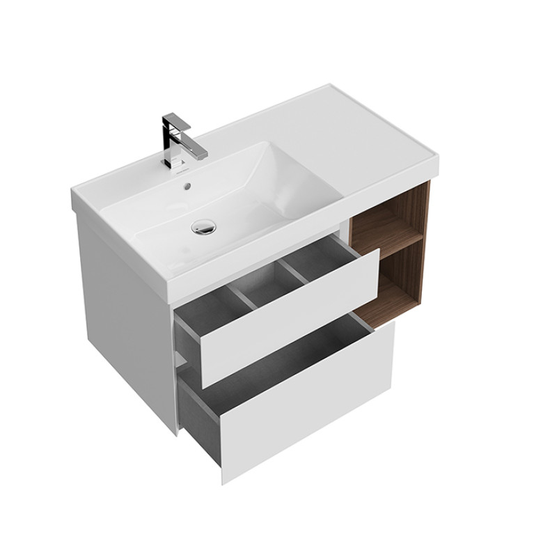 Kerama Marazzi Тумба CUBO левая подвесная с ящиками 90, белая матовая-древесная