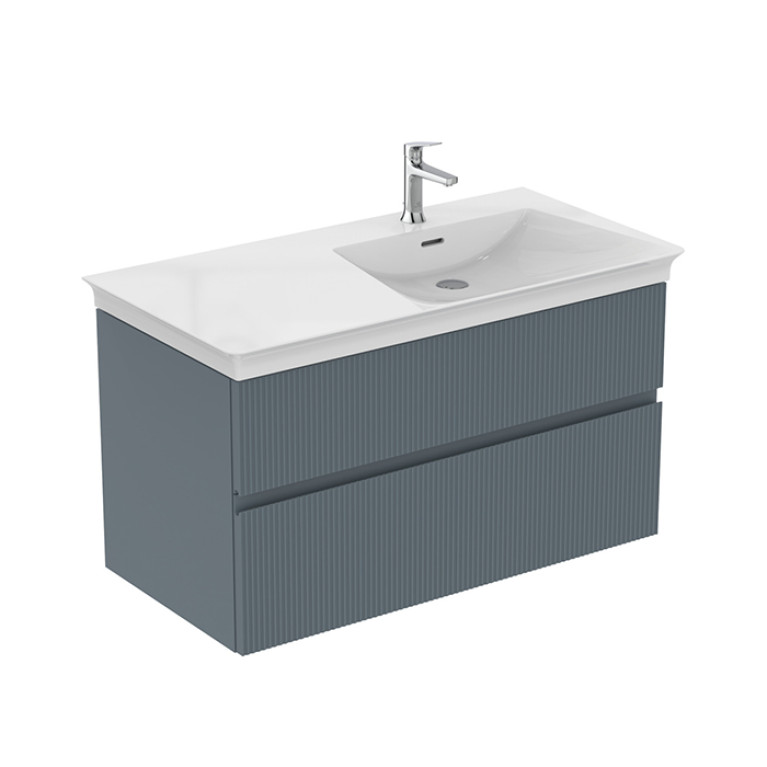 IS Finesse Тумба подвесная 100х50 см. R, 2 ящ. softclose, ручка-паз, без сифона EE23033967,для раковин E2647, E2704, E2679 Ribbed Matt ashblue Lacquer