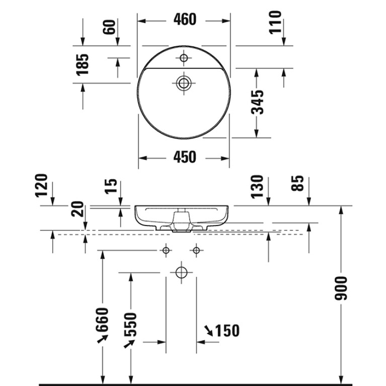 Duravit Vitrium Раковина накладная круглая 460мм, из DuroCast UltraResist-композит, без перелива с полкой с 1 отв для смес-ля , Цвет аквамарин матовый