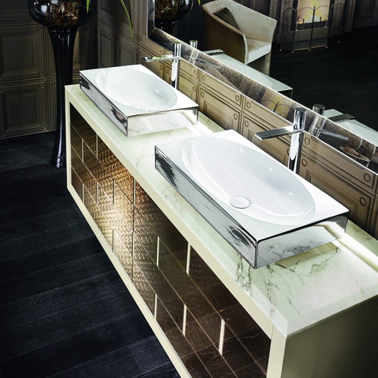VITAGE milldue edition Ritz Тумба под 2 раковины 2090х548х741 мм, напольная, 4 ящика, цоколь сталь, рама глянц лак Mandorla, фасад стекло Golden crash