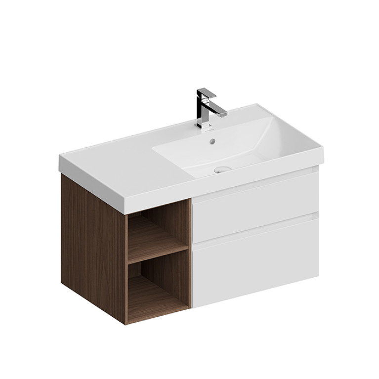 Kerama Marazzi Тумба CUBO правая подвесная с ящиками 90, белая матовая- структ.орех