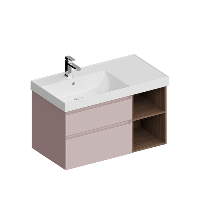 Kerama Marazzi Тумба CUBO левая подвесная с ящиками 90, мальва матовая (розовый)- структ.орех