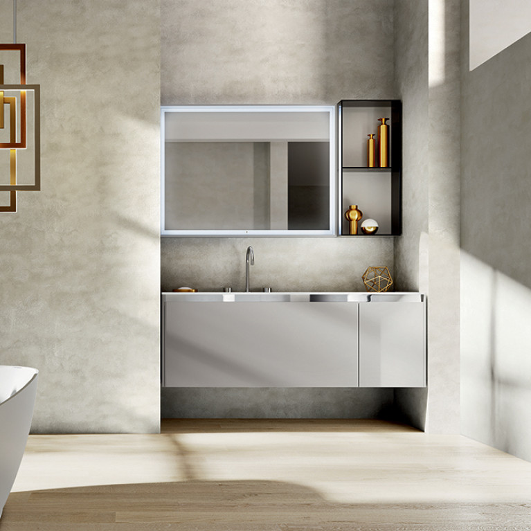 OASIS EDEN Тумба под раковину 1062х525х500 мм, подвесная, 1 ящик, 1 внутренний ящик, планка хром, боковина слева Cemento глянцев, цвет Cemento глянцев
