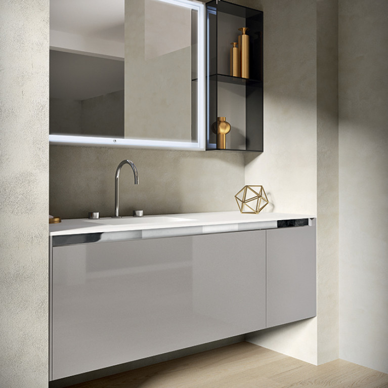 OASIS EDEN Тумба под раковину 1062х525х500 мм, подвесная, 1 ящик, 1 внутренний ящик, планка хром, боковина слева Cemento глянцев, цвет Cemento глянцев