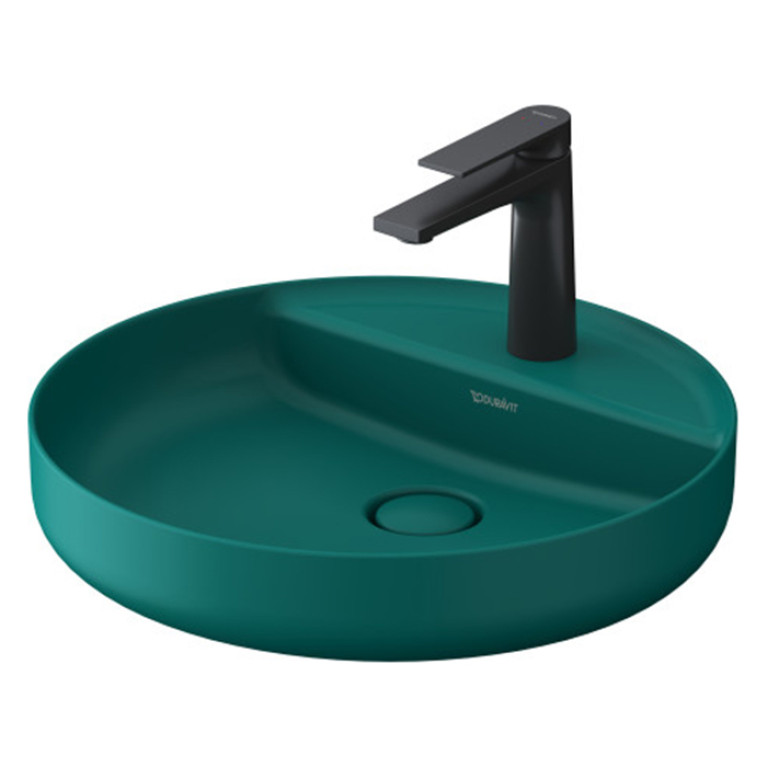 Duravit Vitrium Раковина накладная круглая 460мм, из DuroCast UltraResist-композит, без перелива с полкой с 1 отв для смес-ля , Цвет аквамарин матовый