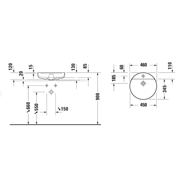 Duravit Vitrium Раковина накладная круглая 460мм, из DuroCast UltraResist-композит, без перелива, с полкой с 1 отв для смес-ля,Цвет белый матовый