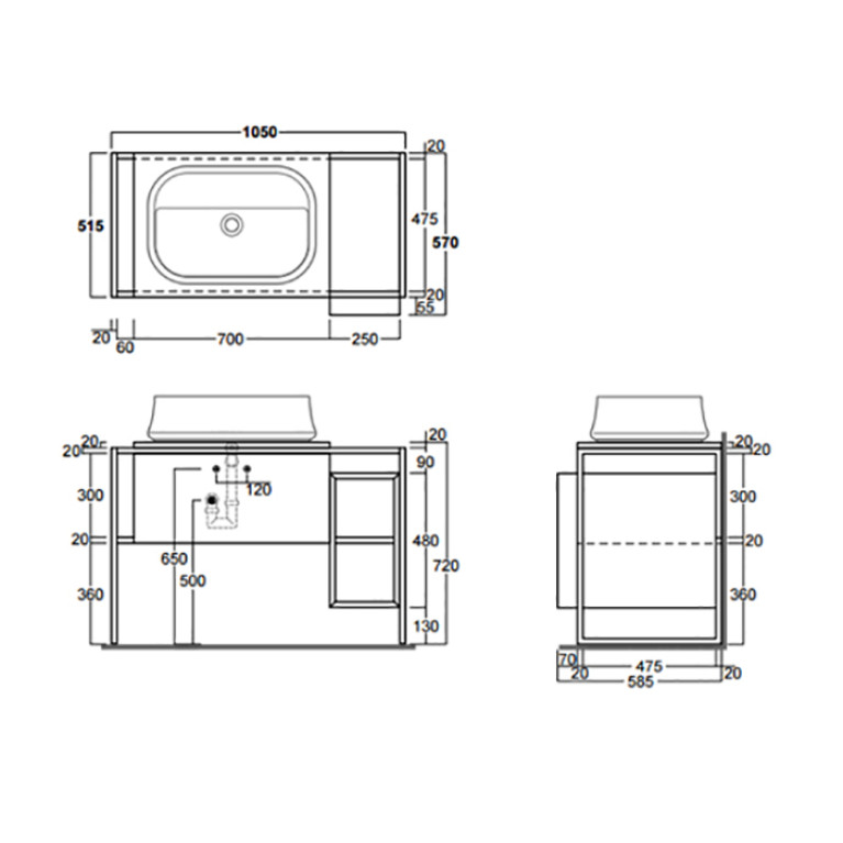 Simas Frame Металл.структура 105x57xh72 с ящиком с мех.открывания push pull и с открытым элементом. Сифон имонт.набор включены. цвет серый ясень
