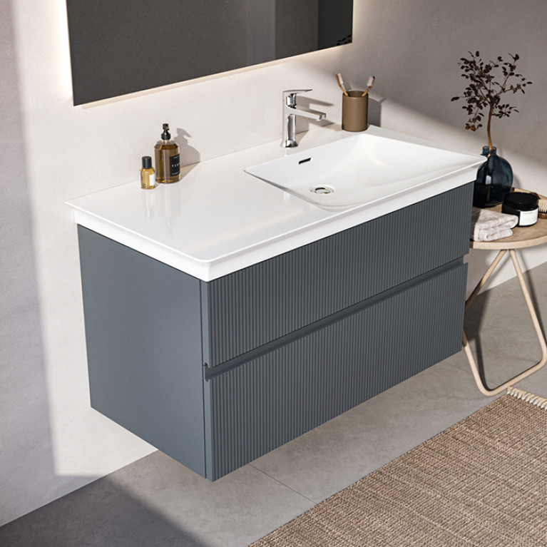 IS Finesse Тумба подвесная 100х50 см. R, 2 ящ. softclose, ручка-паз, без сифона EE23033967,для раковин E2647, E2704, E2679 Ribbed Matt ashblue Lacquer