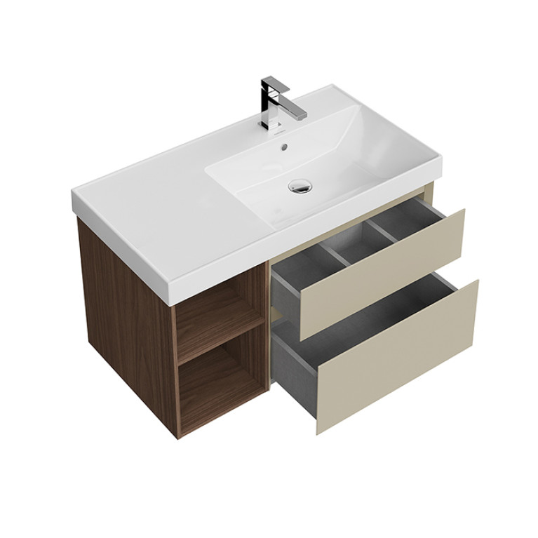 Kerama Marazzi Тумба CUBO правая подвесная с ящиками 90, лимо матовая (бежевый)- структ.орех