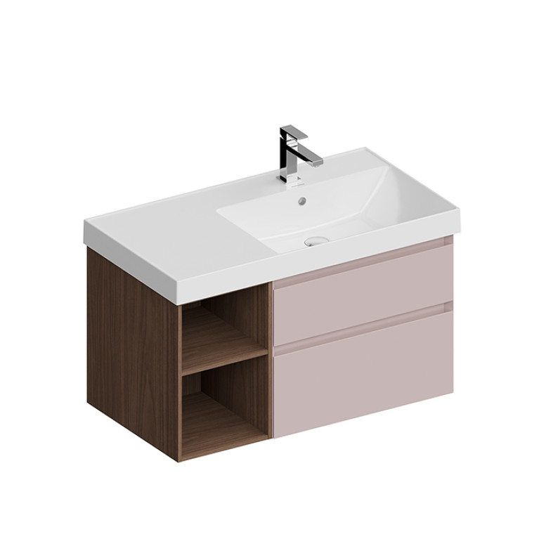 Kerama Marazzi Тумба CUBO правая подвесная с ящиками 90, мальва матовая (розовый)- структ.орех