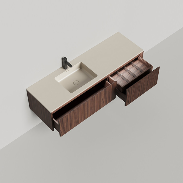 SALINI Domino Тумба со стол-цей и раковиной Onda Plus 1400х500х400 из S-Stone в сборе,д/к; крепеж; металл/ сифон; фасад шпон орех, столеш. Ral9001