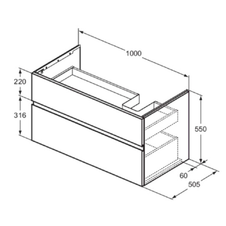 IS Finesse Тумба подвесная 100х50 см. R, 2 ящ. softclose, ручка-паз, без сифона EE23033967,для раковин E2647, E2704, E2679 Ribbed Matt ashblue Lacquer