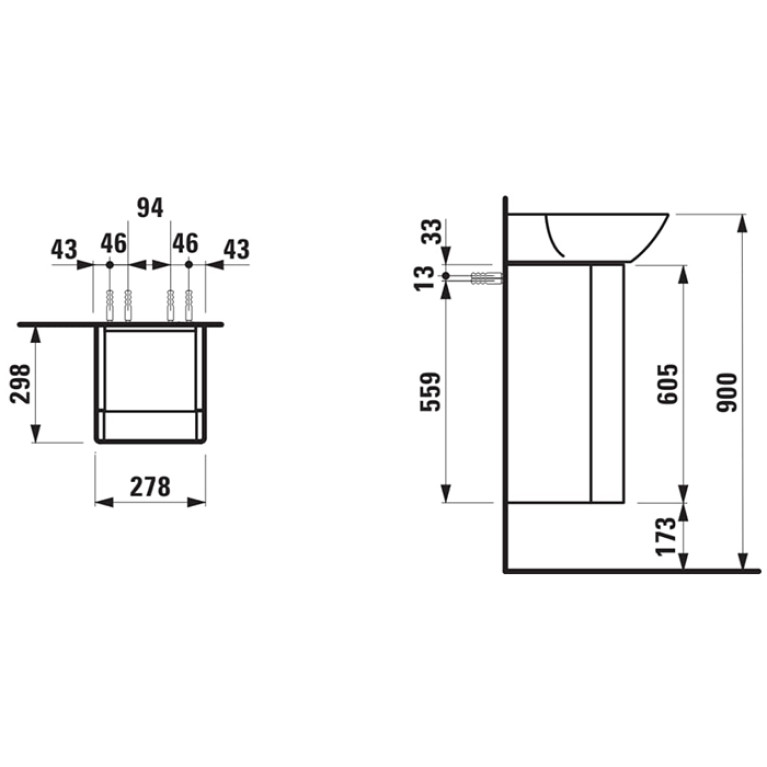 Laufen INO Тумба под раковину 815301, 280х310х605мм, с 1 дверцей, с сифоном, с 4 полками, DX, цвет: белый матовый