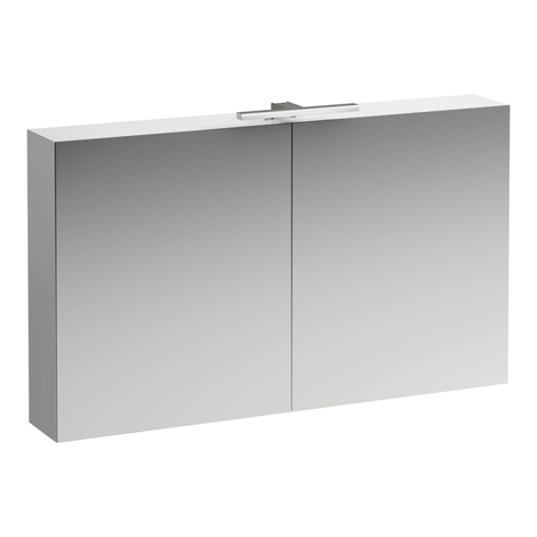 Laufen BASE шкаф зеркальный 1200x185x700 мм, 2 дверцы, с горизонтальным элементом LED-подсветки, 2 стеклянные полки, 1 розетка, белый матовый