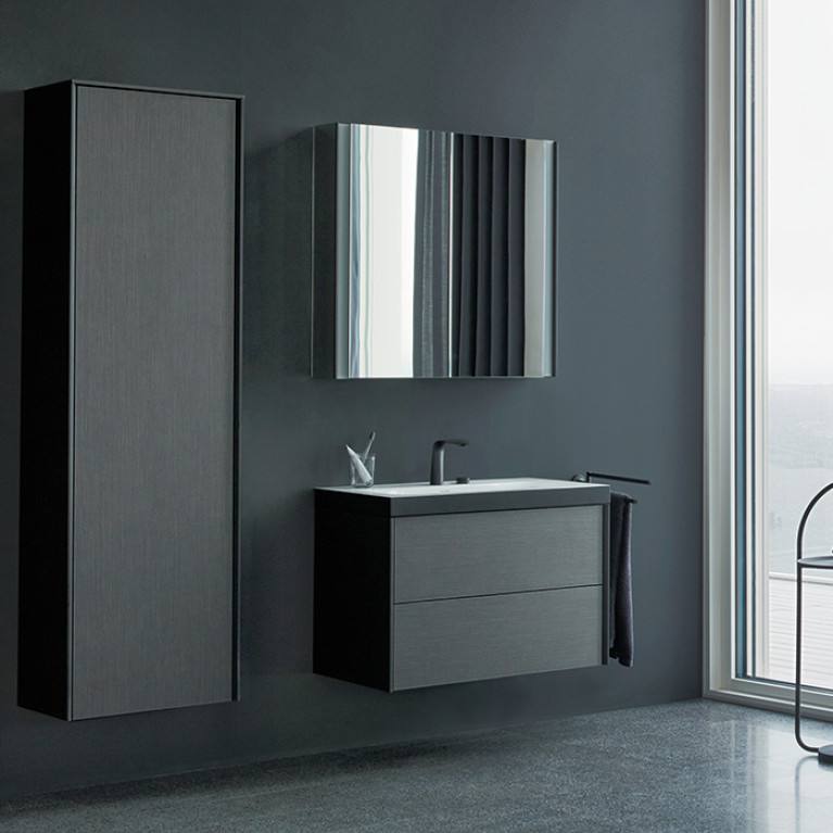 Duravit XViu Шкаф подвесной 1330x500x360мм с 3 стеклянными полками, (петли слева), цвет: dark brushed oak/чёрный матовый