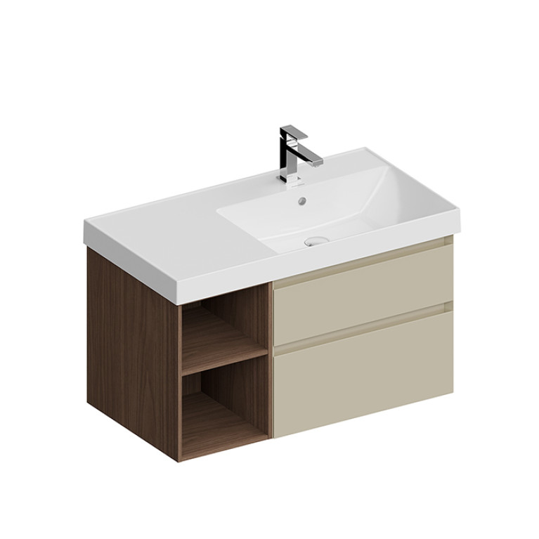 Kerama Marazzi Тумба CUBO правая подвесная с ящиками 90, лимо матовая (бежевый)- структ.орех