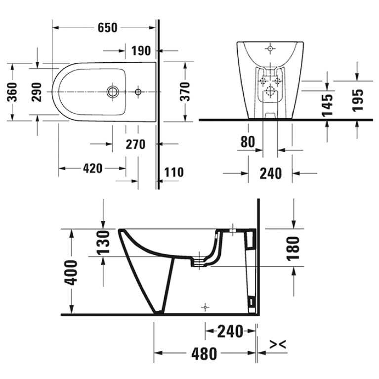 Duravit D-Neo Биде напольное 370x650х400 мм, с переливом, с 1 отв под смеситель, цвет: белый (Спец.цена из наличия)