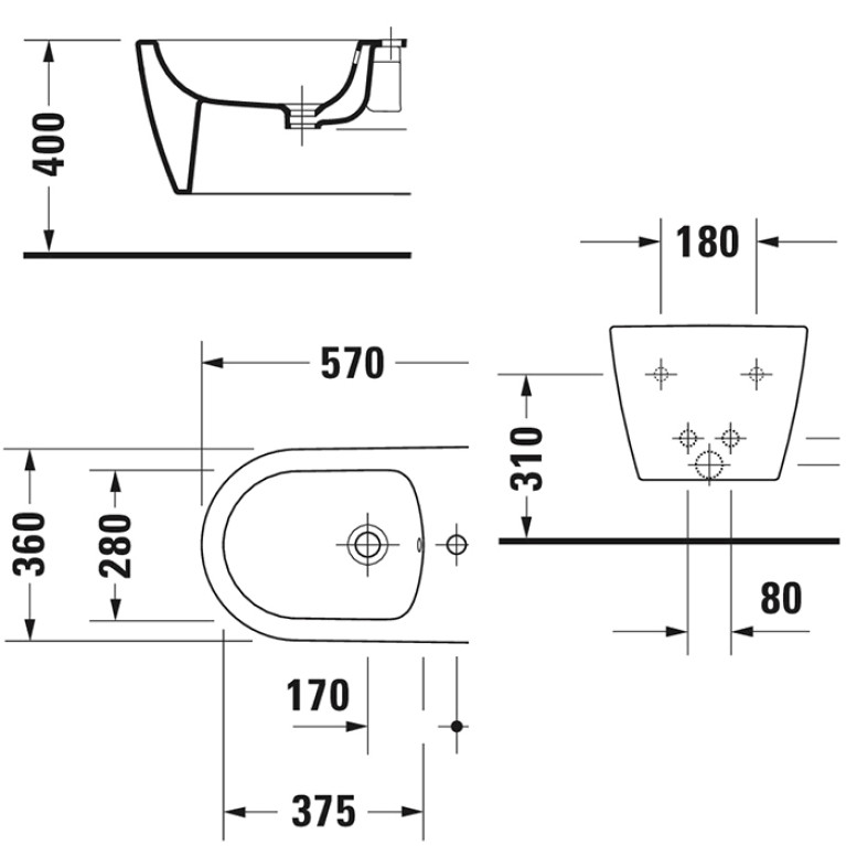 Duravit Me by Starck Биде подвесное 570х370 мм,  с 1 отв. под смеситель, с креплением, цвет белый (Спец.цена из наличия)