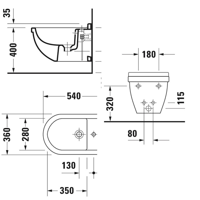 Duravit  Starck 3 Биде подвесное 540х360 мм, с 1 отв под смеситель,с Durafix, (без инсталл крепление 006500), цвет белый (Спец.цена из наличия)