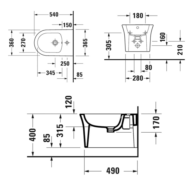 Duravit White Tulip Биде подвесное 370x540 мм, с переливом, с 1 отв под смеситель,  с WonderGliss, цвет: белый