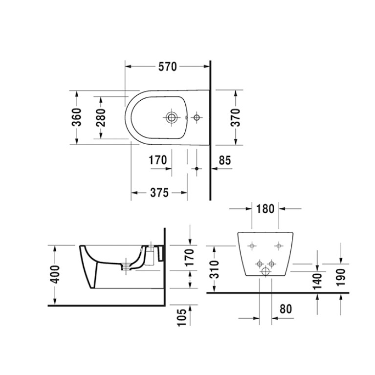 Duravit Me by Starck Биде подвесное 570х370 мм,  с 1 отв. под смеситель, с креплением, с покрытием WonderGliss, цвет белый (ЗАКАЗ по запросу!)
