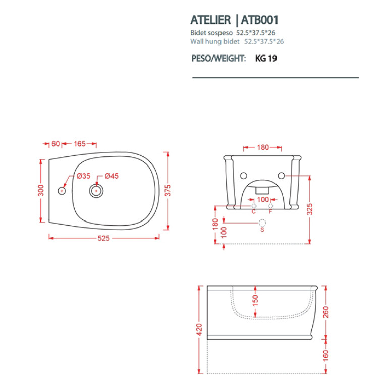 Artceram ATELIER Биде подвесное 52х37см, с 1 отв под смеситель, цвет: белый
