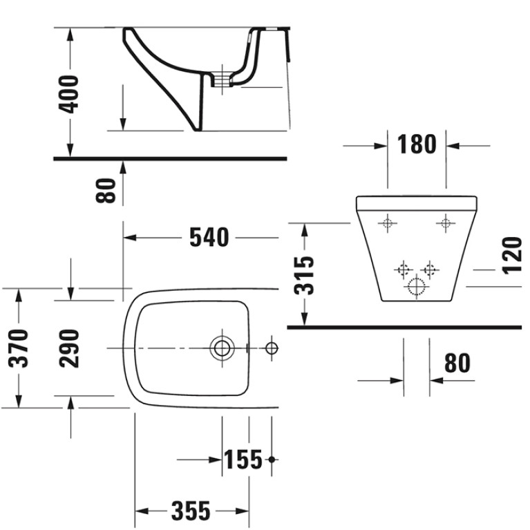 Duravit DuraStyle Биде подвесное с перел., с 1 отв. под смес., вкл. крепление Durafix, 370x540мм,