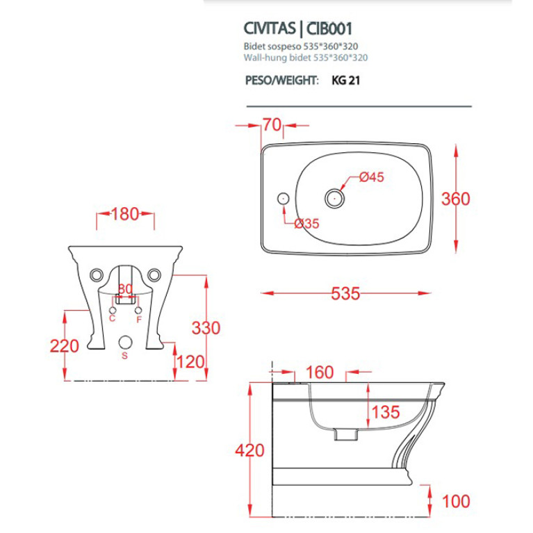 Artceram CIVITAS  Биде подвесное 36х54 см, с крепеж. с 1 отв под смес, цвет белый