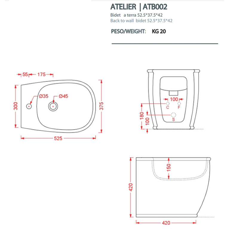 Artceram ATELIER Биде напольное 52,5х37,5хh42см, с 1 отв под смеситель, цвет: белый