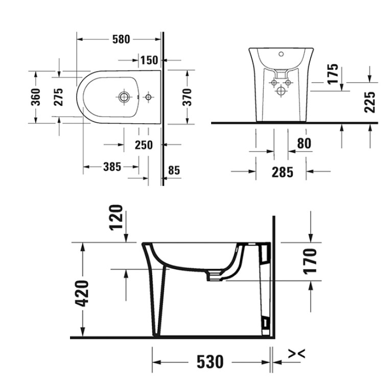 Duravit White Tulip Биде напольное 370x580х420 мм, с переливом, с 1 отв под смеситель, цвет: белый