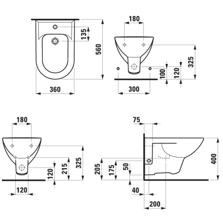 Laufen Pro Биде подвесное 580x360x345(430) мм,, с 1 отв. под смеситель,  боковые отверстия для подвода воды, цвет: белый