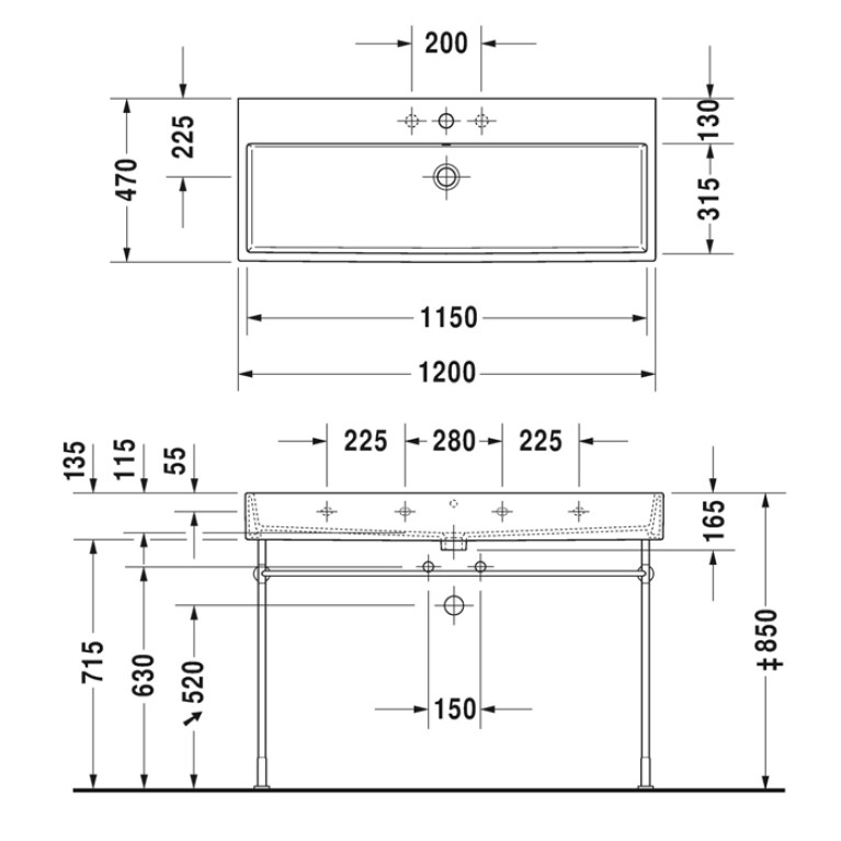 Duravit Vero Air Раковина 120 cm, с переливом, с площадкой, с 3 отв. под смеситель, на столешницу, Цвет белый