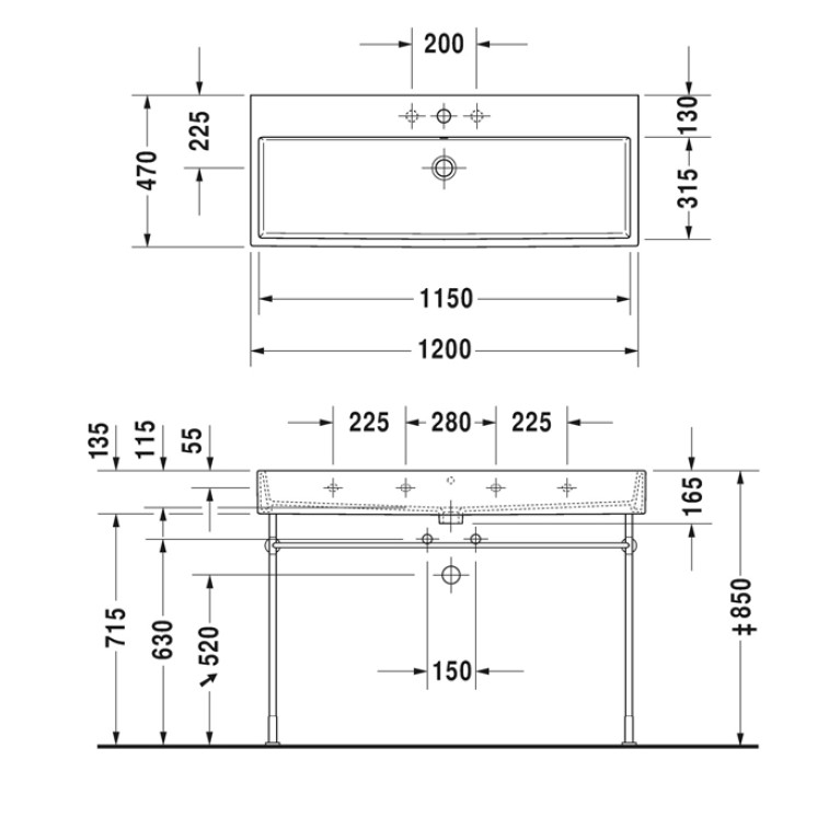 Duravit Vero Air Раковина 120 cm,  без перелива, с площадкой, с 3 отв. под смеситель, Цвет белый