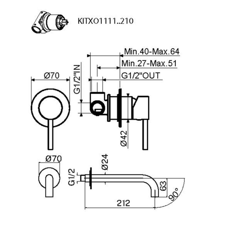 Plumberia Selection IXO Комплект смесителя для раковины, излив 210 мм,накладка диам.70мм, c внутр. частью, графит (XO1111GR+SPT0058GR+INT1135)