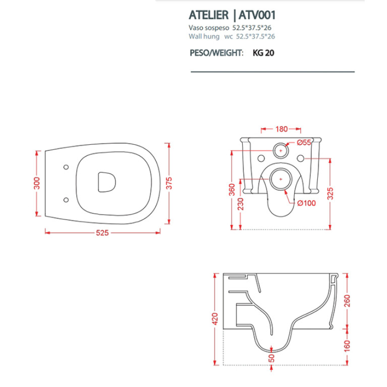 Artceram ATELIER Унитаз подвесной, 52х37см, безободковый, с крепежом, цвет: белый