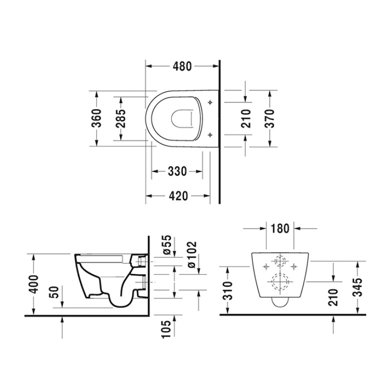 Duravit ME by Starck Унитаз подвесной Compact Rimless, вкл. крепление Durafix,  4,5л., 370x480мм, с покрытием WonderGliss Цвет: Белый