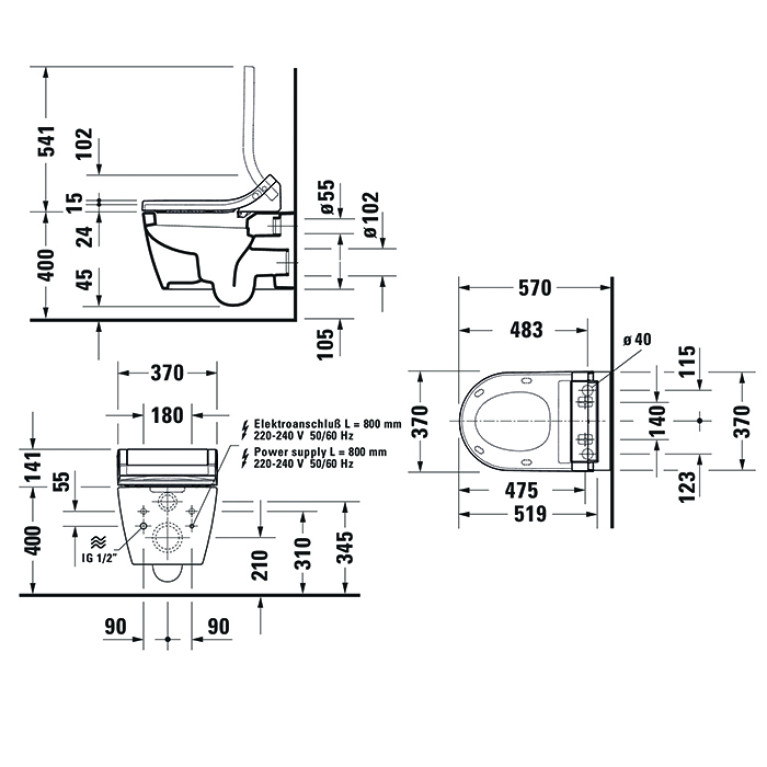Duravit ME by Starck SensoWash Унитаз подвесной, вкл. крепление Durafix, включая компоненты для SensoWash со скр. подкл, 4,5л, 370x570мм, Цвет: Белый