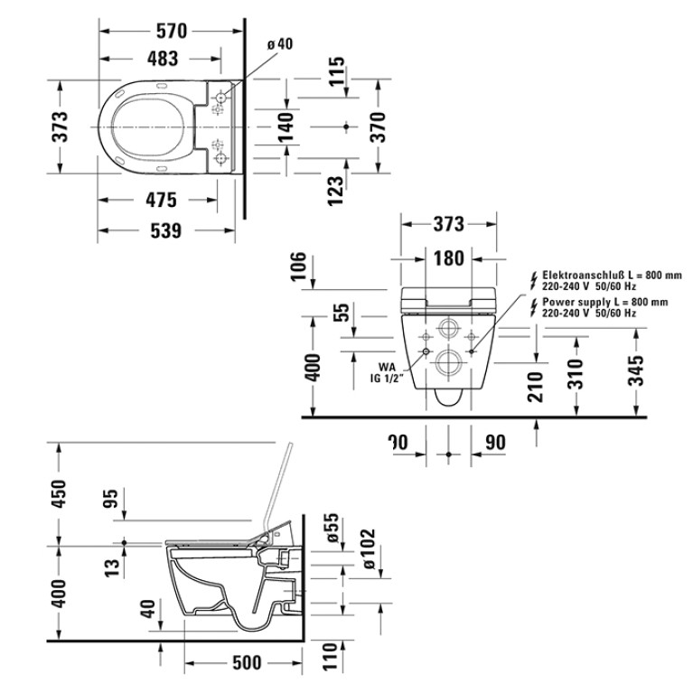 Duravit ME by Starck Унитаз подвесной 570х370  мм безободковый, HygieneFlush для SensoWash, цвет: белый