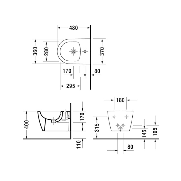 Duravit ME by Starck Биде подвесное компакт с перел., с 1 отв. под смес., вкл. крепление Durafix, 370x480мм, с покрытием WonderGliss Цвет: Белый