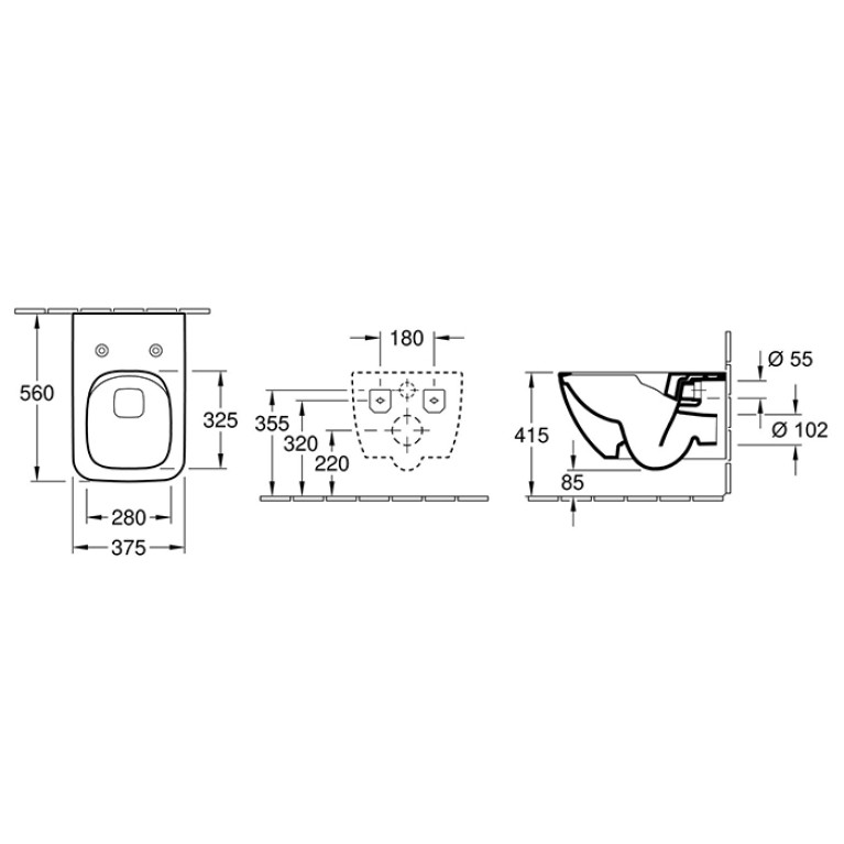 VilleroyBoch Venticello Унитаз подвесной 375*560*330, безободковый, в комплекте сиденье SlimSeat Line, микролифт, цвет альпийский белый