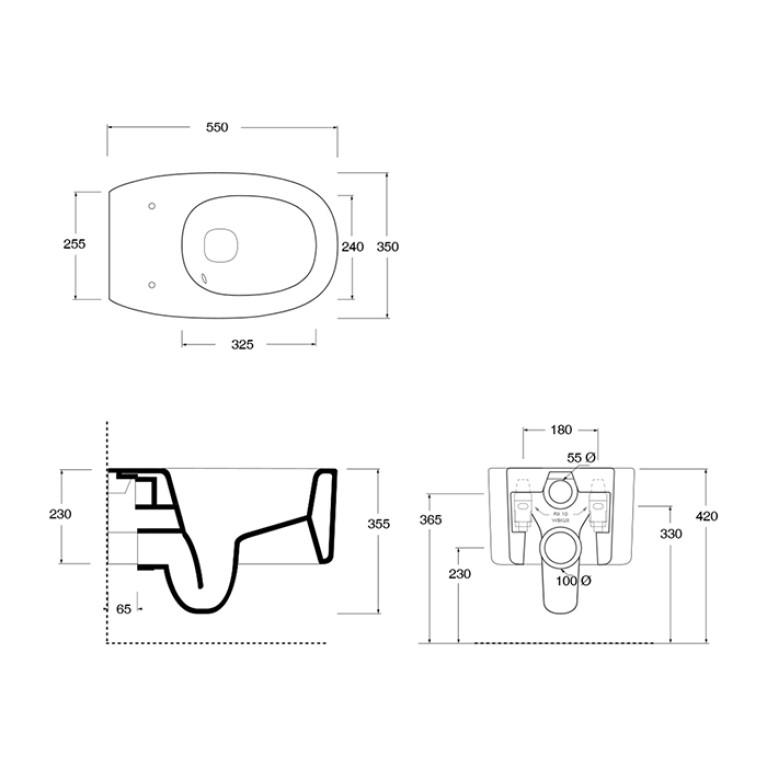 Alice Унитаз IDILLA 53х35, подвесной, безободковый, смыв aliflush+, под крепления Fischer WB-KliX, без сиденья и крышки, белый глянцевый