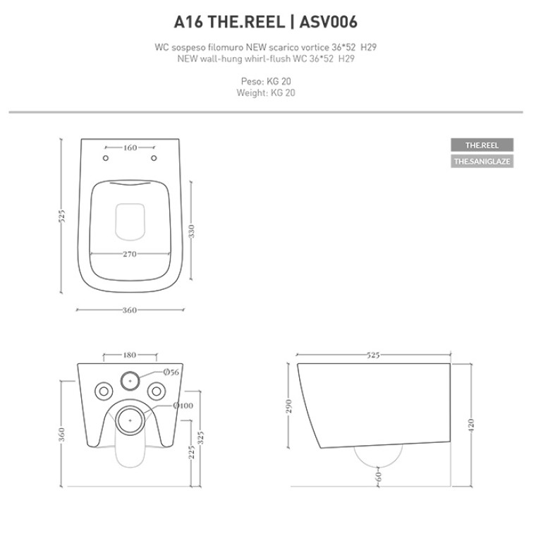 Artceram A16  Унитаз подвесной ТУРБО СМЫВ THE REEL, 36х52 см, с креплениями,  цвет черный матовый SANIGLAZE