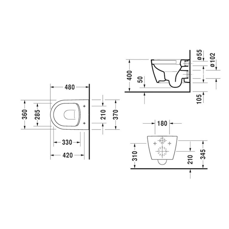 DURAVIT ME BY STARCK Унитаз подвесной 480х370 мм., Rimless&reg;, включая крепление Durafix, цвет внутри белый, снаружи белый шелковисто-матовый