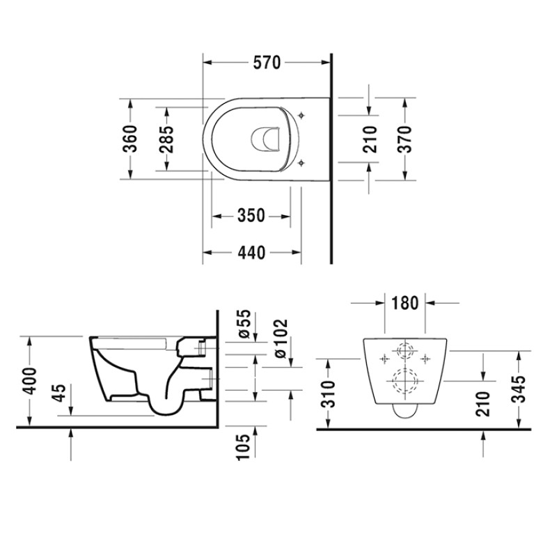 Duravit Me by Starck Унитаз подвесной Rimless 570х370 мм,  с креплениями, вкл. крепление Durafix,с покрытием WonderGliss цвет белый матовый