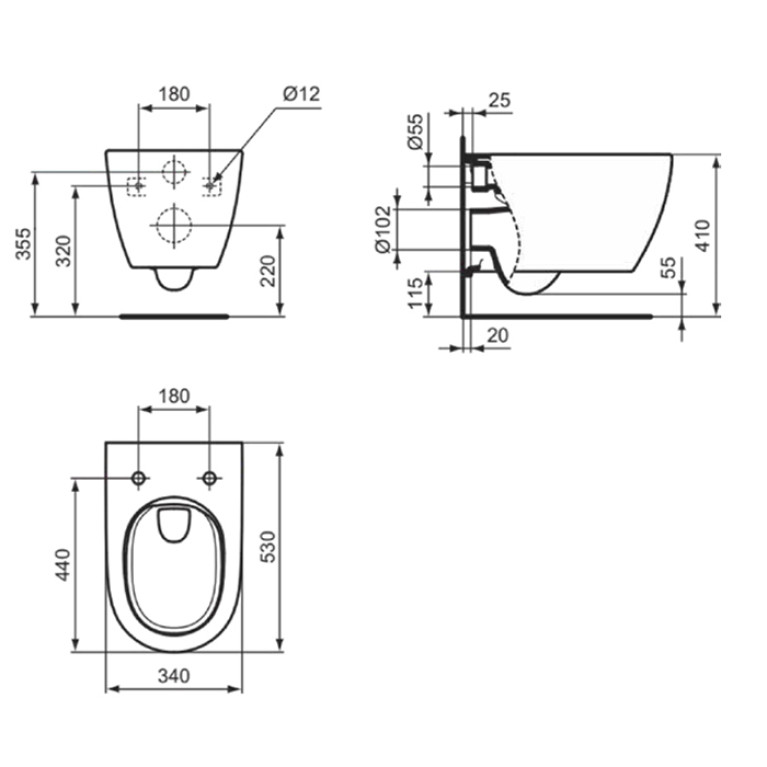 Ideal Standard i.life O Унитаз подвесной 535х350 мм безободковый+смыв:HydroTwist (торнадо), с крепежом, цвет: белый глянец (Акция из наличия)