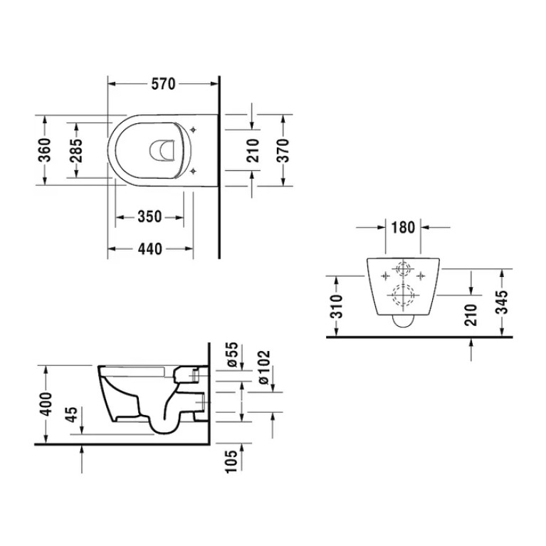 Duravit Me by Starck Унитаз подвесной Rimless 570х370 мм,  с крепеж, вкл. крепление Durafix,с покрыт WonderGliss цвет белый (Снято с пр-ва-ждем замену