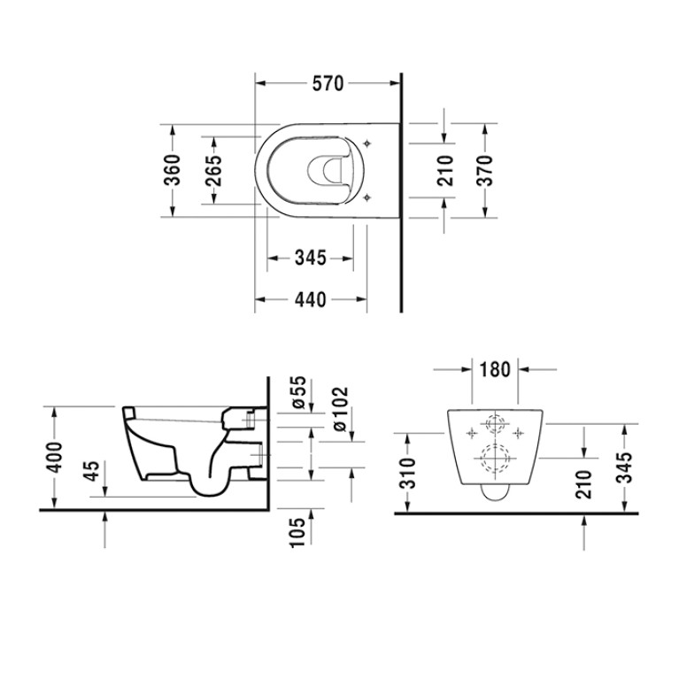 Duravit ME by Starck Унитаз подвесной с ОБОДКОМ, с крепежами Durafix, 4,5 л., 370x570мм, Цвет белый +WonderGliss (СПЕЦЦЕНА)