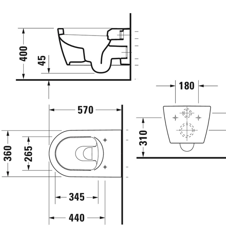 Duravit ME by Starck Унитаз подвесной с ОБОДКОМ, вкл. крепление Durafix, 4,5 л., 370x570мм, Цвет: Белый (СПЕЦЦЕНА)