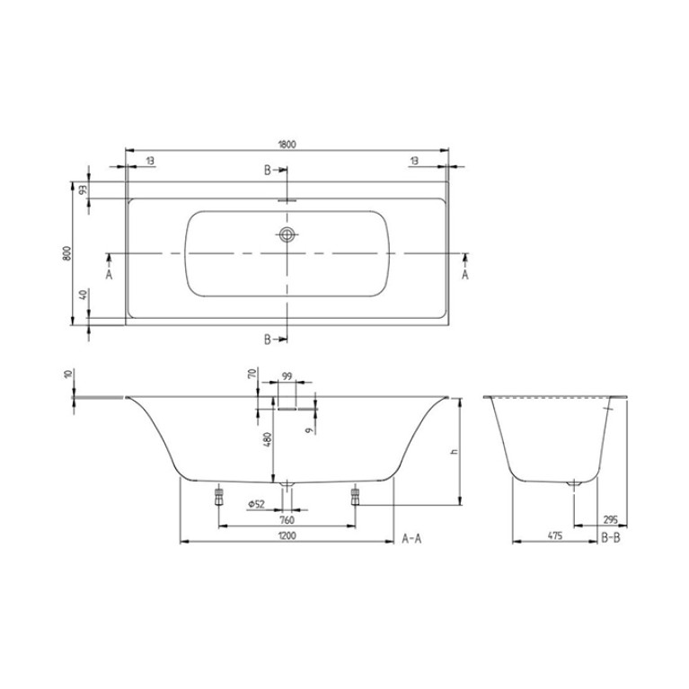 VilleroyBoch Subway 3.0 Ванна встраиваемая 1800*800*480, слив по центру, компл. ножек, слив-перелив: белый, материал: Quaryl, цвет: альпийский белый